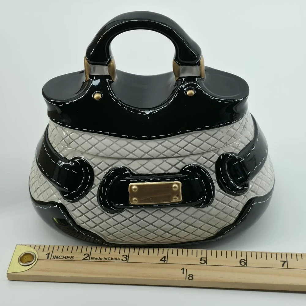 David's Cookies Purse Cookie Jar #BL-4814 Candy Trinket Black/White/Gold New